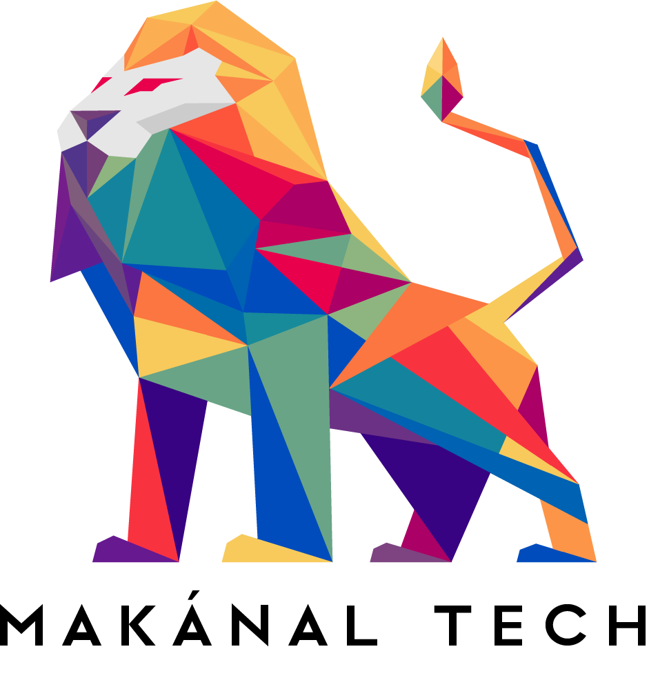 A proud standing lion of many colorful geometric shapes